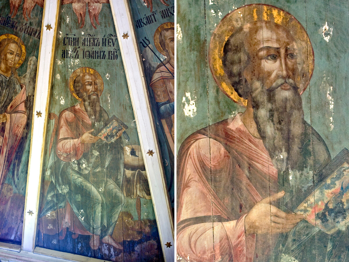 Chiesa dell'Epifania. A sinistra: porzione di soffitto dipinto: gli arcangeli Uriel e Michael con San Giovanni (al centro). A destra: dettaglio del soffitto dipinto: San Giovanni. 14 agosto 2014