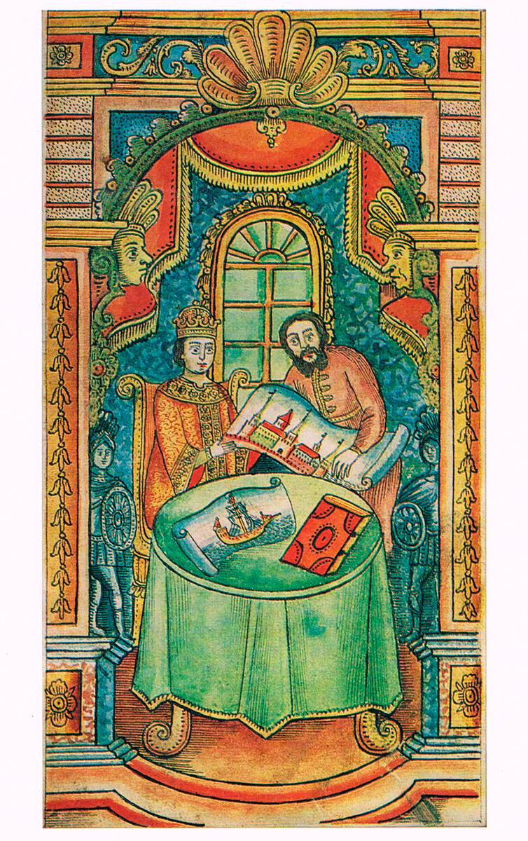 Nikita Zótov enseña a Pedro el Grande varias ciencias. Miniatura de la Historia de Pedro el Grande por P. Krekshin 