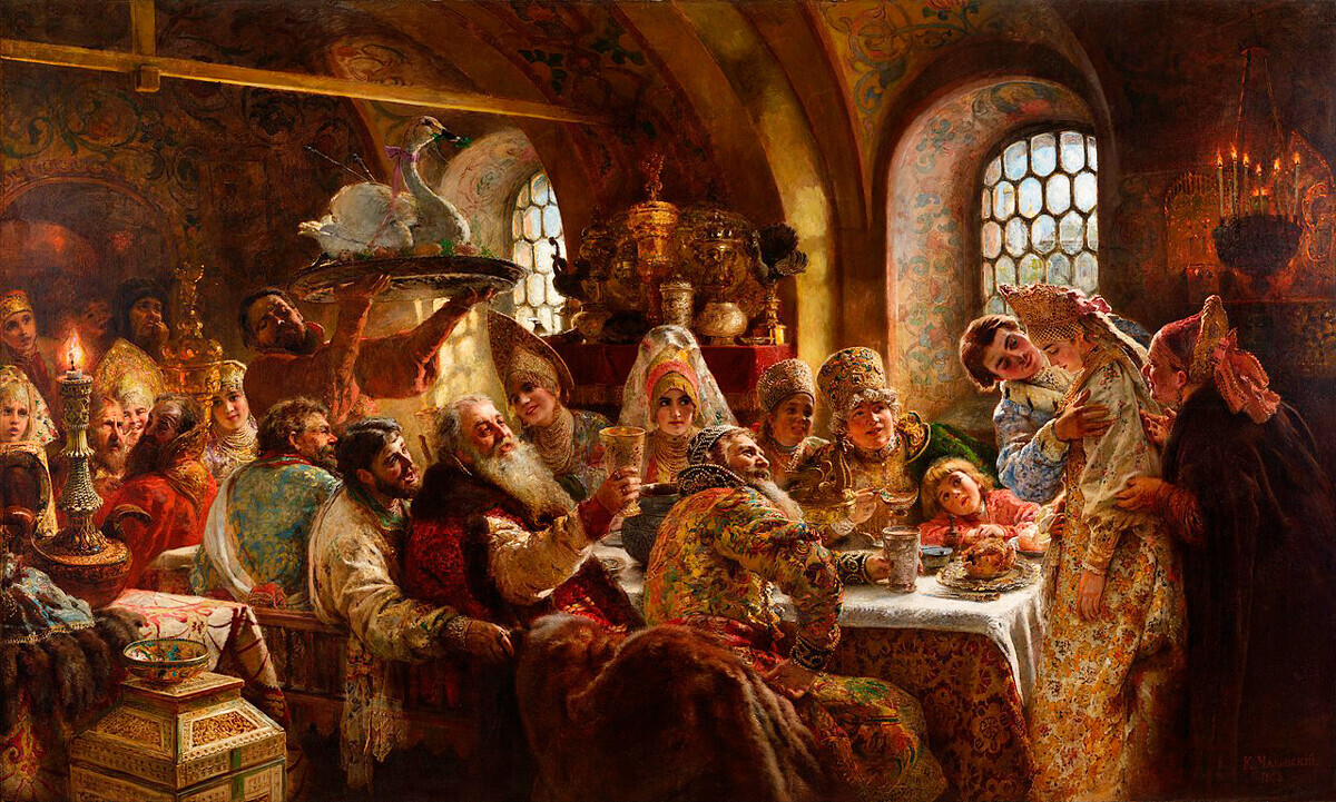 Banquete dos boiardos no século 17. Pintura de  Konstantin Makovski,  1883.
