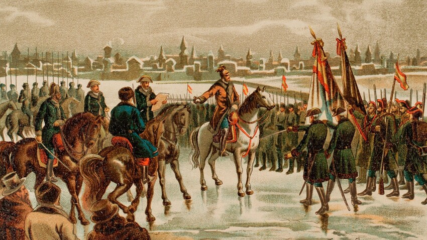 El zar ruso Alejandro I, haciendo que el Regimiento Imperial Alejandro jure la Constitución liberal de 1812. 