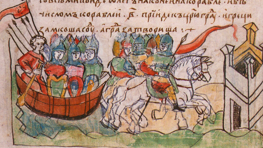 Oleg conduz soldados aos muros de Tsargrad. Miniatura das crônicas de Radzivill (início do século 13). 