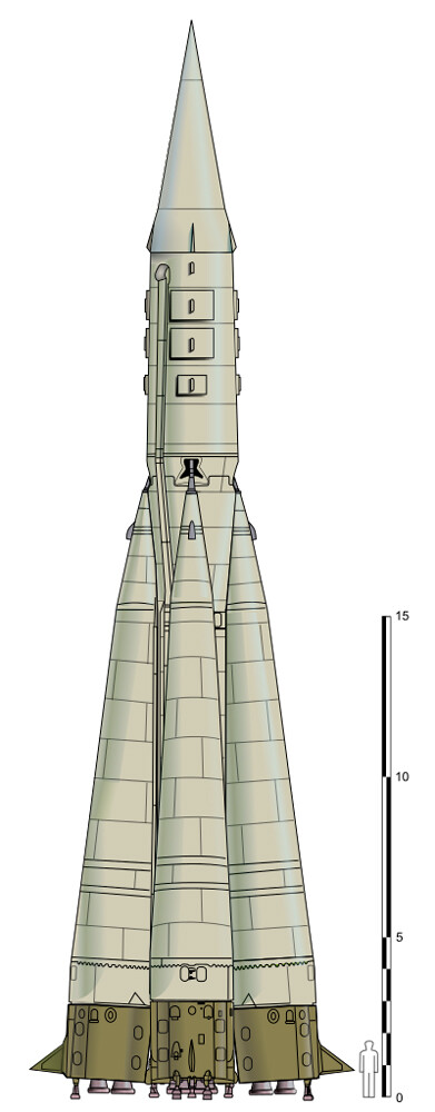 Versi pertama roket R-7, diuji pada tahun 1957.