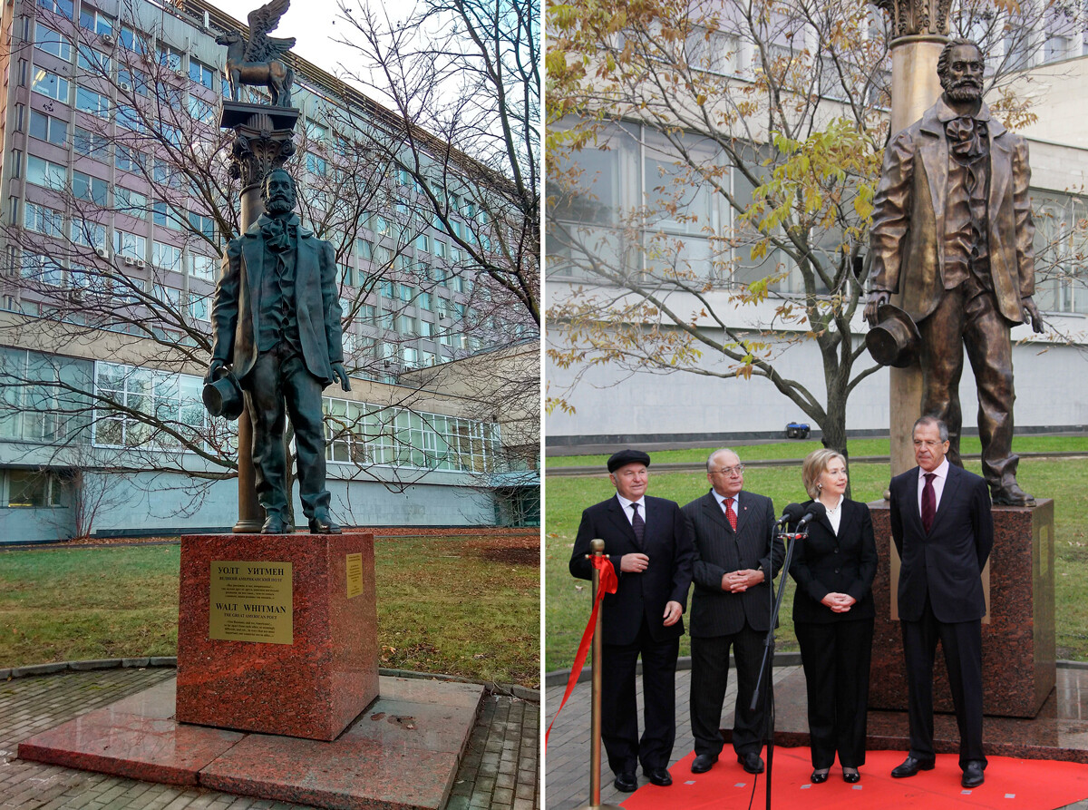 Dari kiri—kanan: Mantan Wali Kota Moskow Yury Luzhkov, Rektor Universitas Negeri Moskow Viktor Sadovnichy, Menteri Luar Negeri AS Hillary Clinton, dan Menteri Luar Negeri Rusia Sergei Lavrov saat upacara peresmian monumen penyair Amerika Walt Whitman.