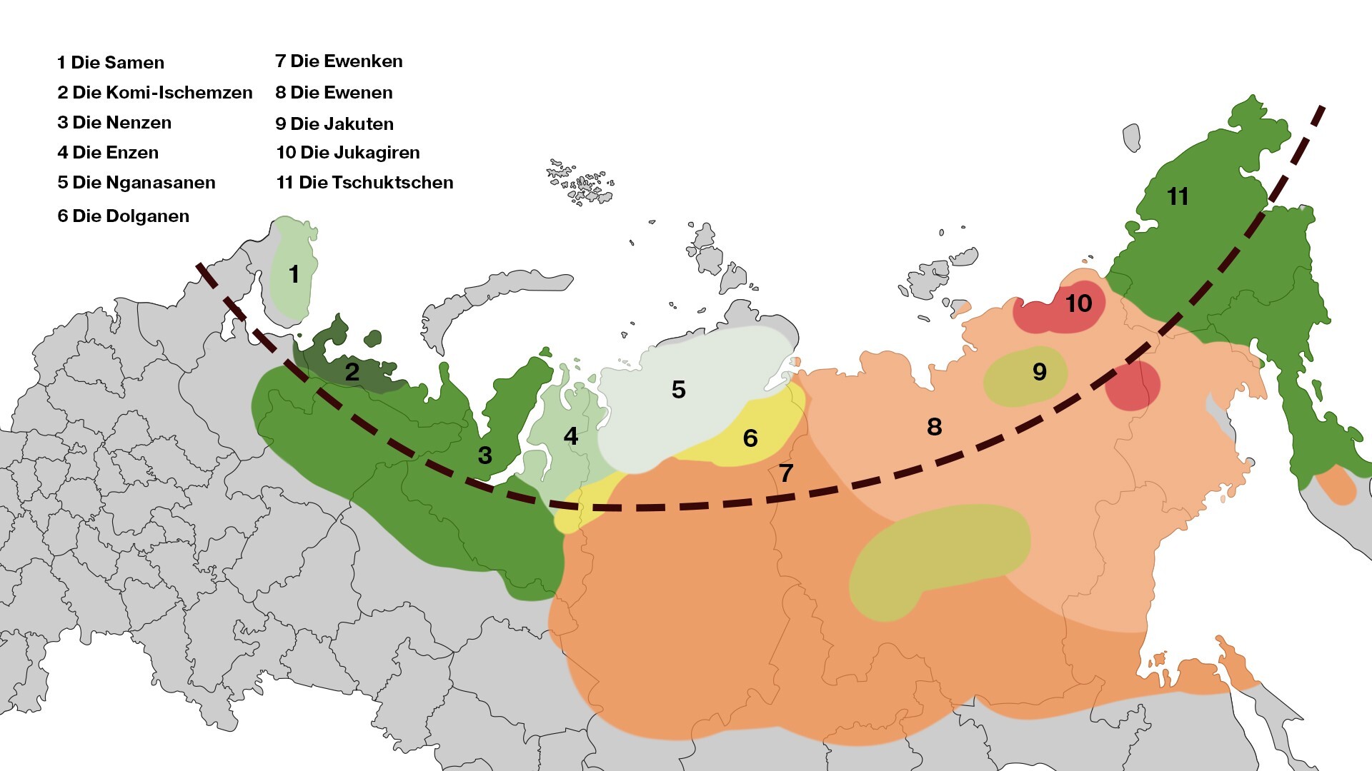Hier leben die indigenen Völker des Nordens in Russland. Natürlich leben nicht nur sie in diesen Regionen.