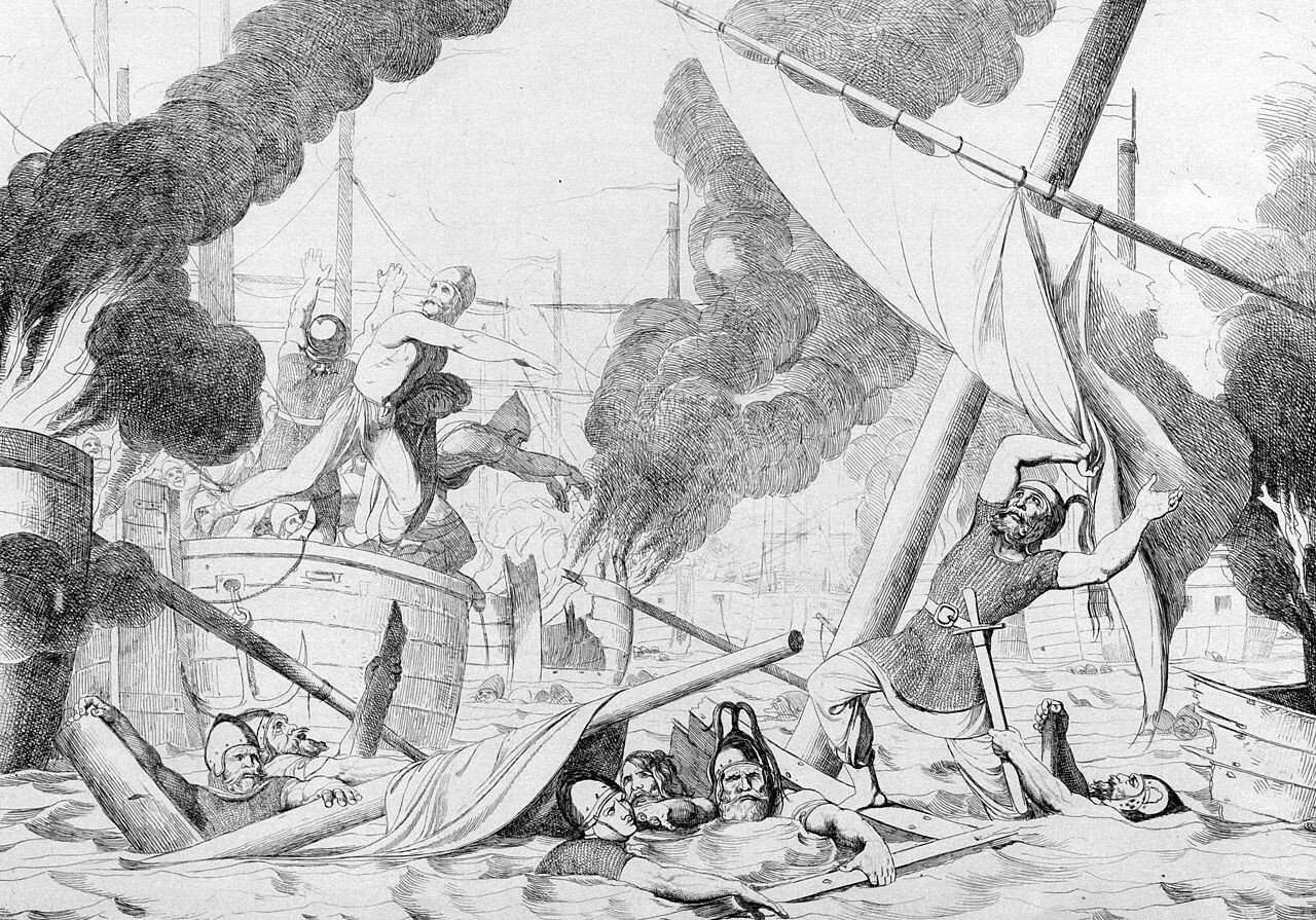 La acción del fuego griego durante el asedio de Ígor a Constantinopla. Grabado de F. A. Bruni, 1839