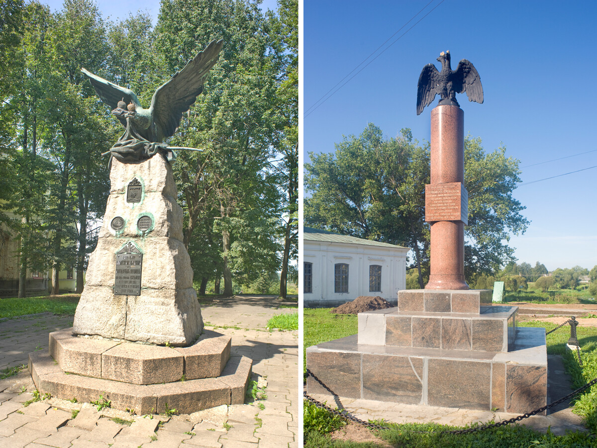 Il monumento alla Guerra patriottica (invasione napoleonica del 1812) in via Lenin (a sinistra); il monumento ai Granatieri del reggimento Pernovskij, in Piazza del Soviet. 22 agosto 2012