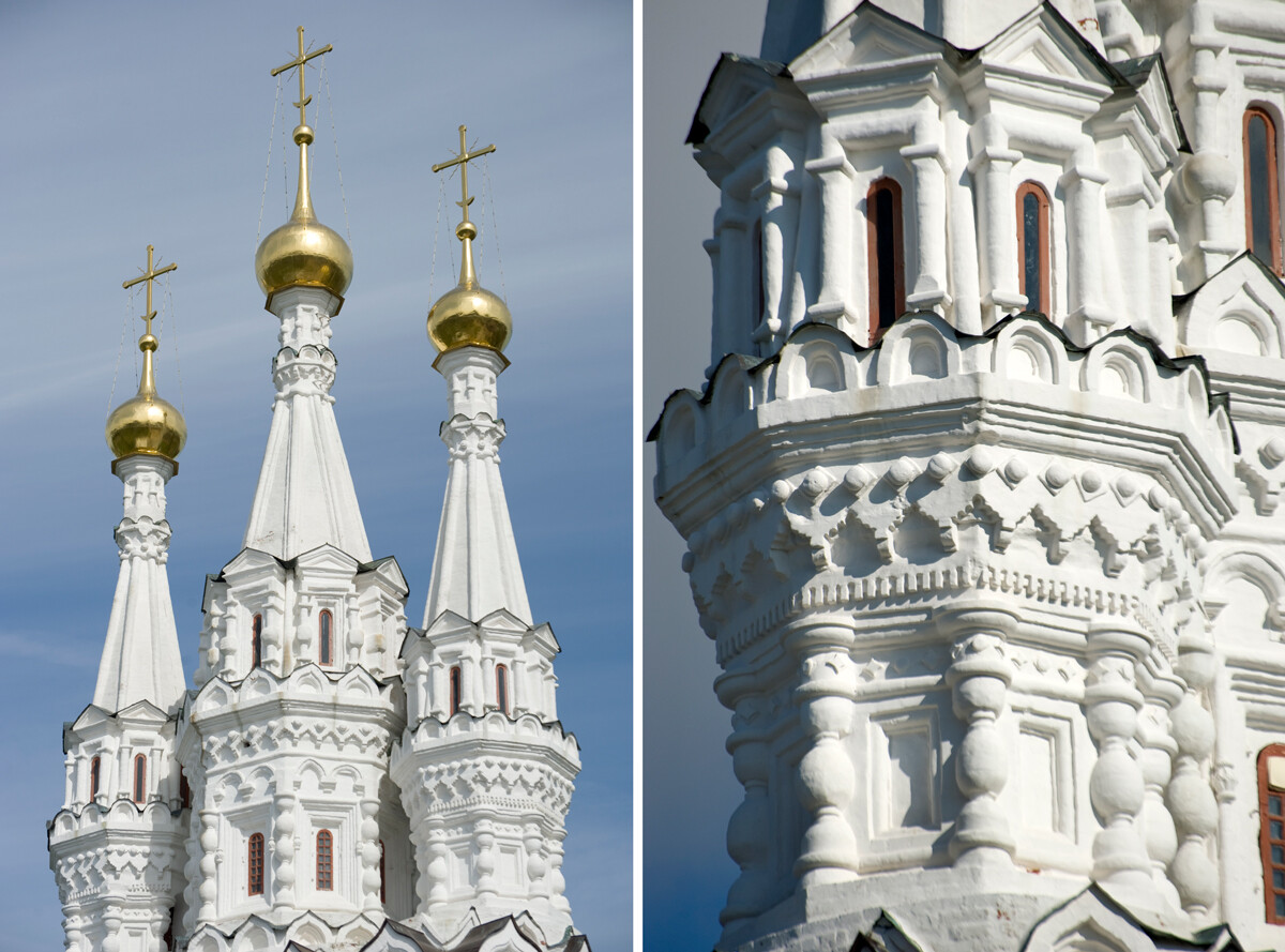 Црква Богородице Одигитрије, куле и крстови. Поглед са југозапада (лево) и декоративни детаљ на кули (десно). Август 2012. 