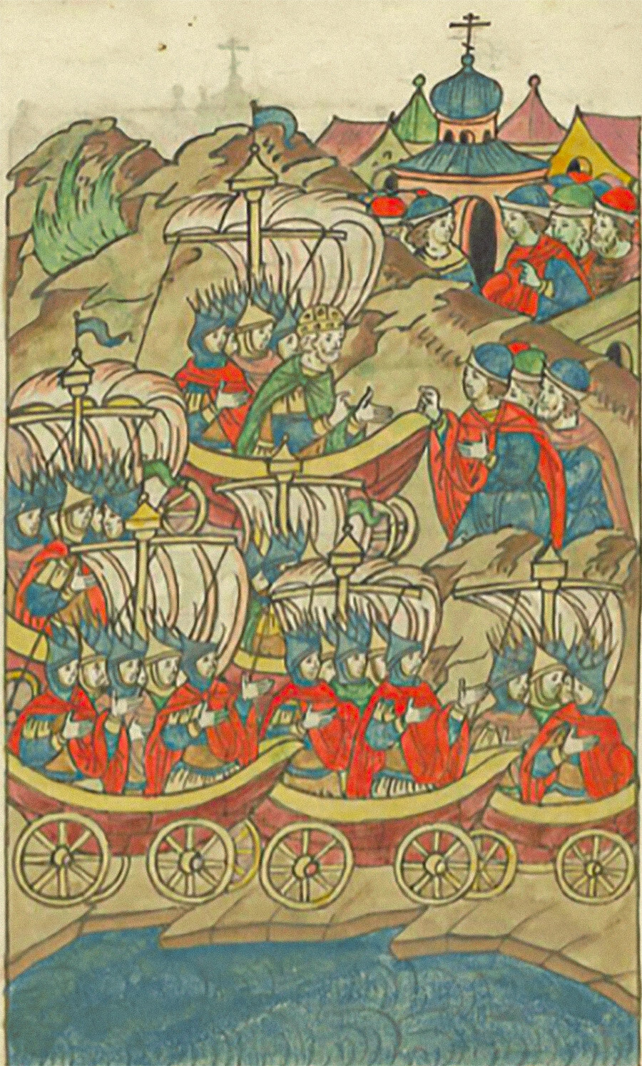 O Príncipe Oleg e seu exército em navios montados sobre rodas em direção a Tsargrad.
