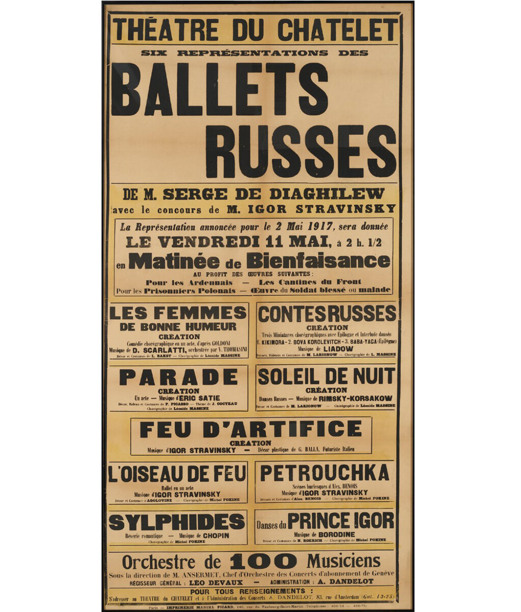 パリのシャトレ座での「セルゲイ・ディアギレフのロシアン・バレエ」のポスター、ミハイル・ラリオノフ作、1917年