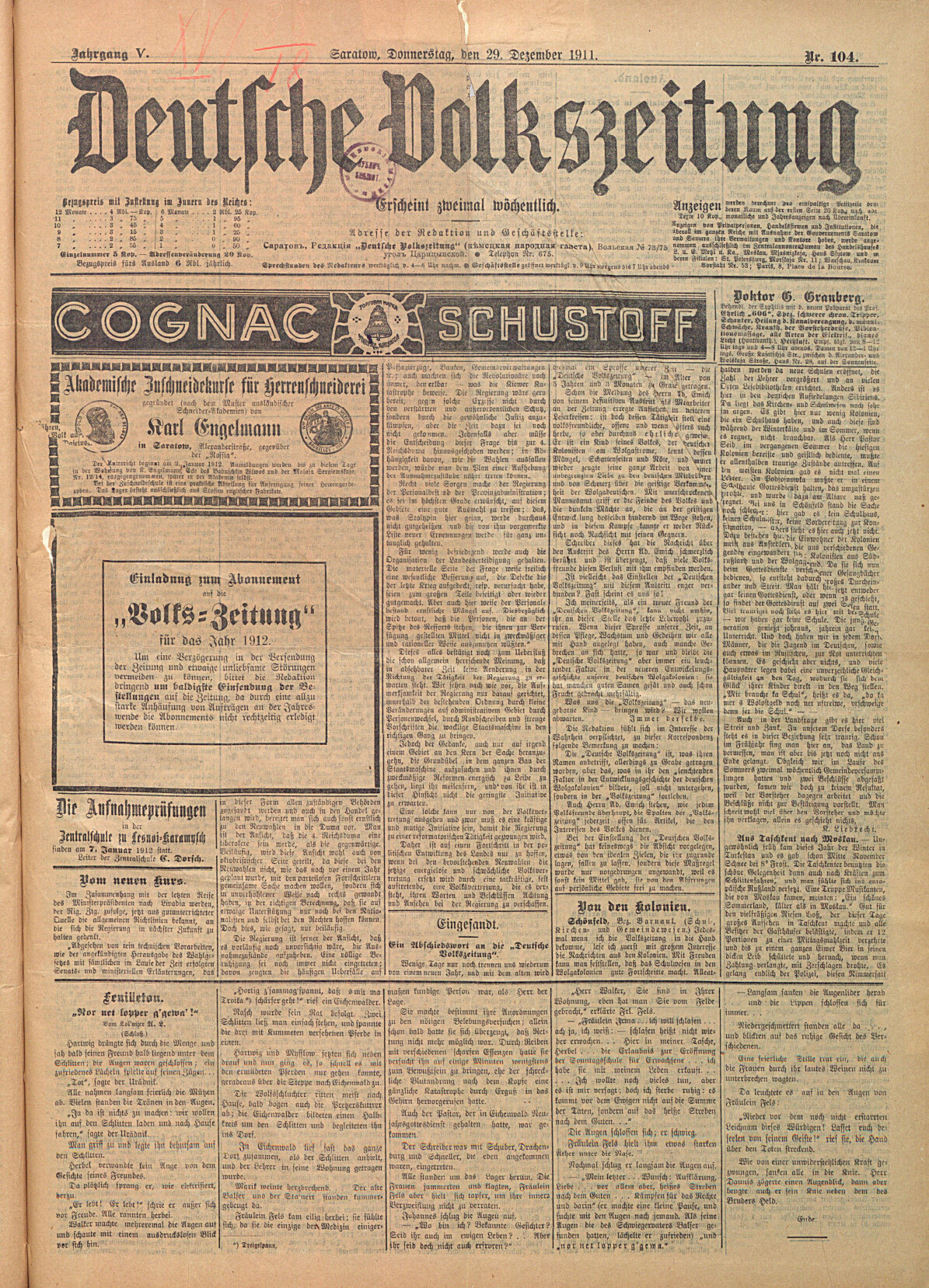 Saratower Deutsche Volkszeitung (Ausgabe vom 29. Dezember 1911)