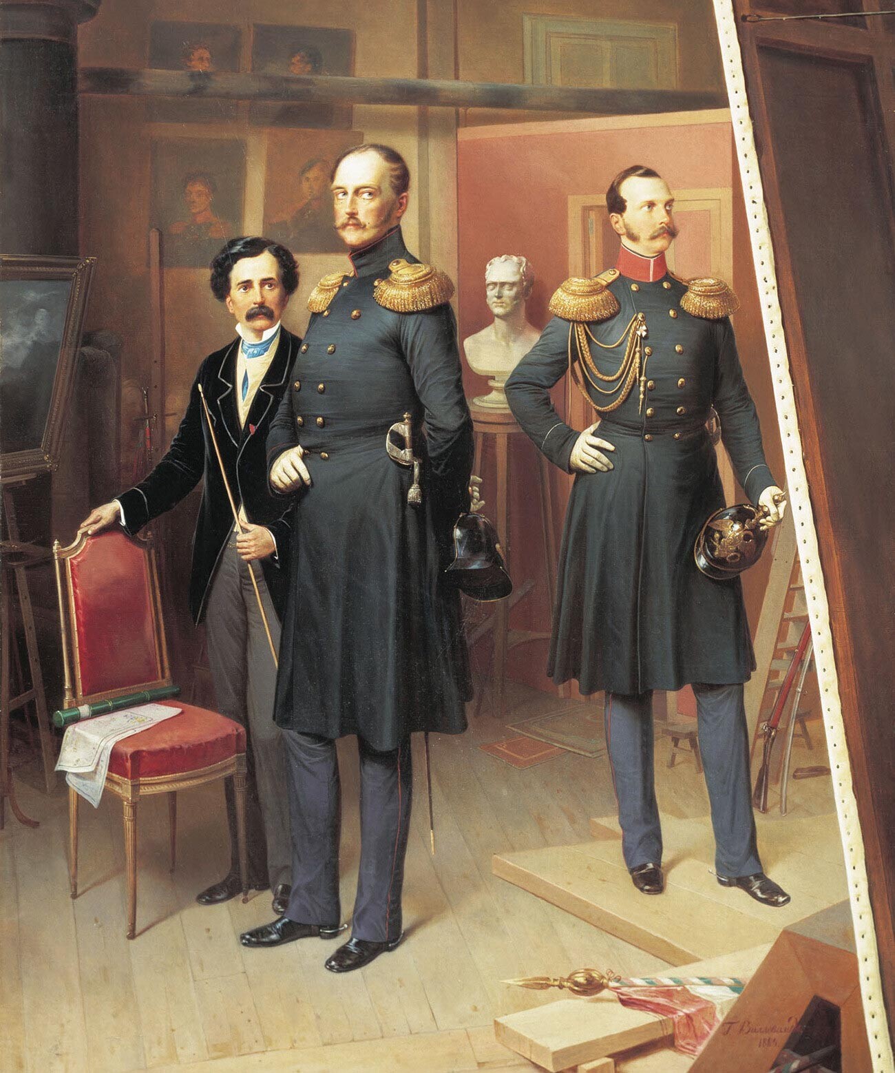 Nikolay I dan putranya, Pangeran Agung Aleksandr Nikolaevich, di sebuah studio seniman, 1854, oleh Bogdan Villevalde, 1884.