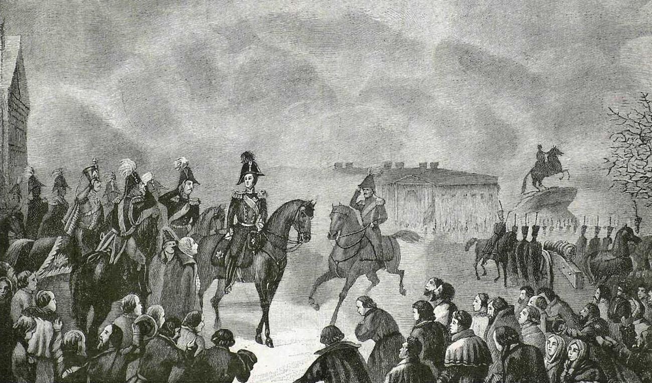 Tsar Nikolay I di Lapangan Senat di St. Petersburg selama Pemberontakan Desembris, 14 Desember 1825

