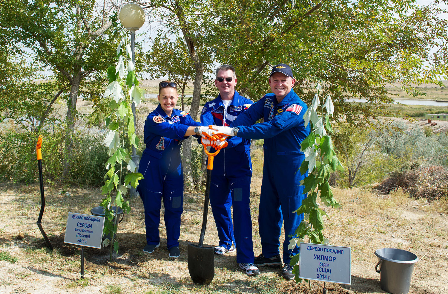 Los cosmonautas de Roscosmos Alexánder Samokutyayev (C) y Yelena Serova y el astronauta de la NASA Barry Wilmore plantan árboles en el Centro Espacial de Baikonur, septiembre de 2014.
