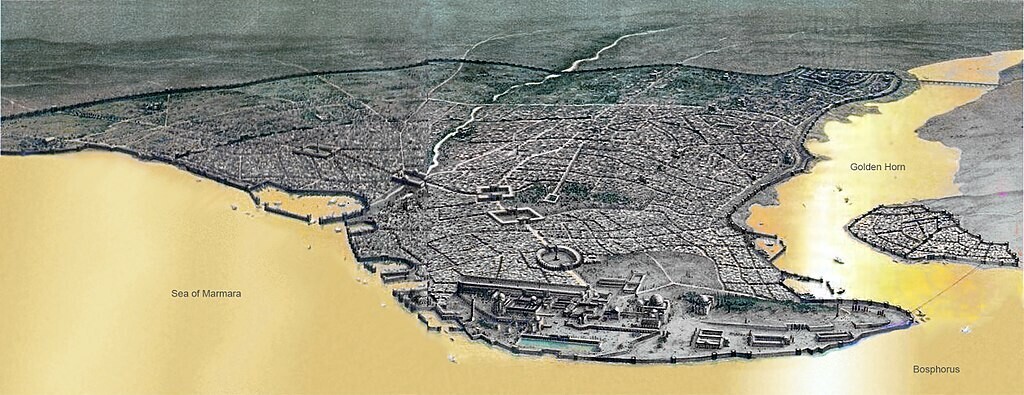 Константинопол од византиско време од птичја перспектива (реконструкција).
