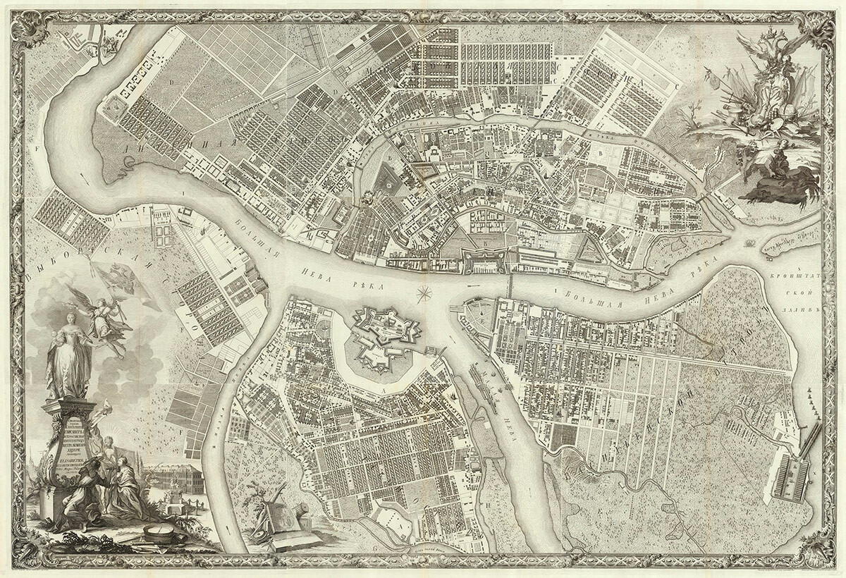 Gravura. O mapa de São Petersburgo em 1753