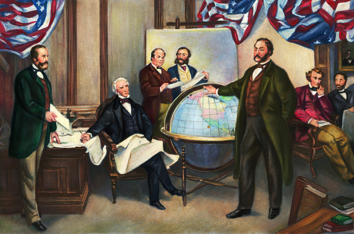 La firma del Tratado de Cesación de Alaska (de izquierda a derecha): Robert S. Chew (secretario jefe), William H. Seward (secretario de Estado), William Hunter (segundo secretario de Estado adjunto), el Sr. Bodisco, el embajador ruso barón Edward de Stoeckl, Charles Sumner y Fredrick W. Seward.