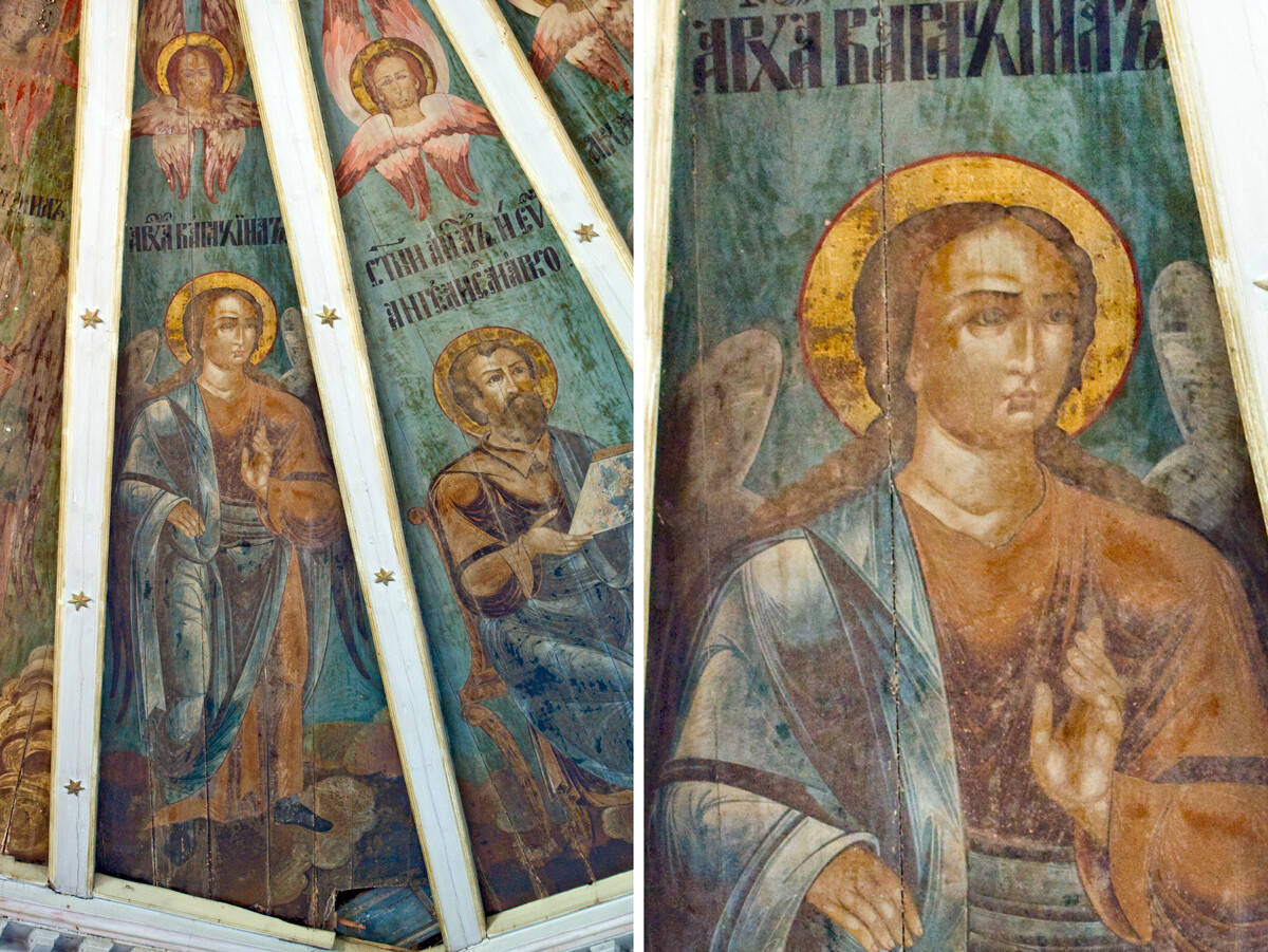 Oshevensk. Iglesia de la Epifanía. A la izquierda: segmento del techo pintado: Arcángel Barachiel (izquierda) y San Marcos. A la derecha: Detalle del techo pintado: Arcángel Barachiel. 14 de agosto de 2014