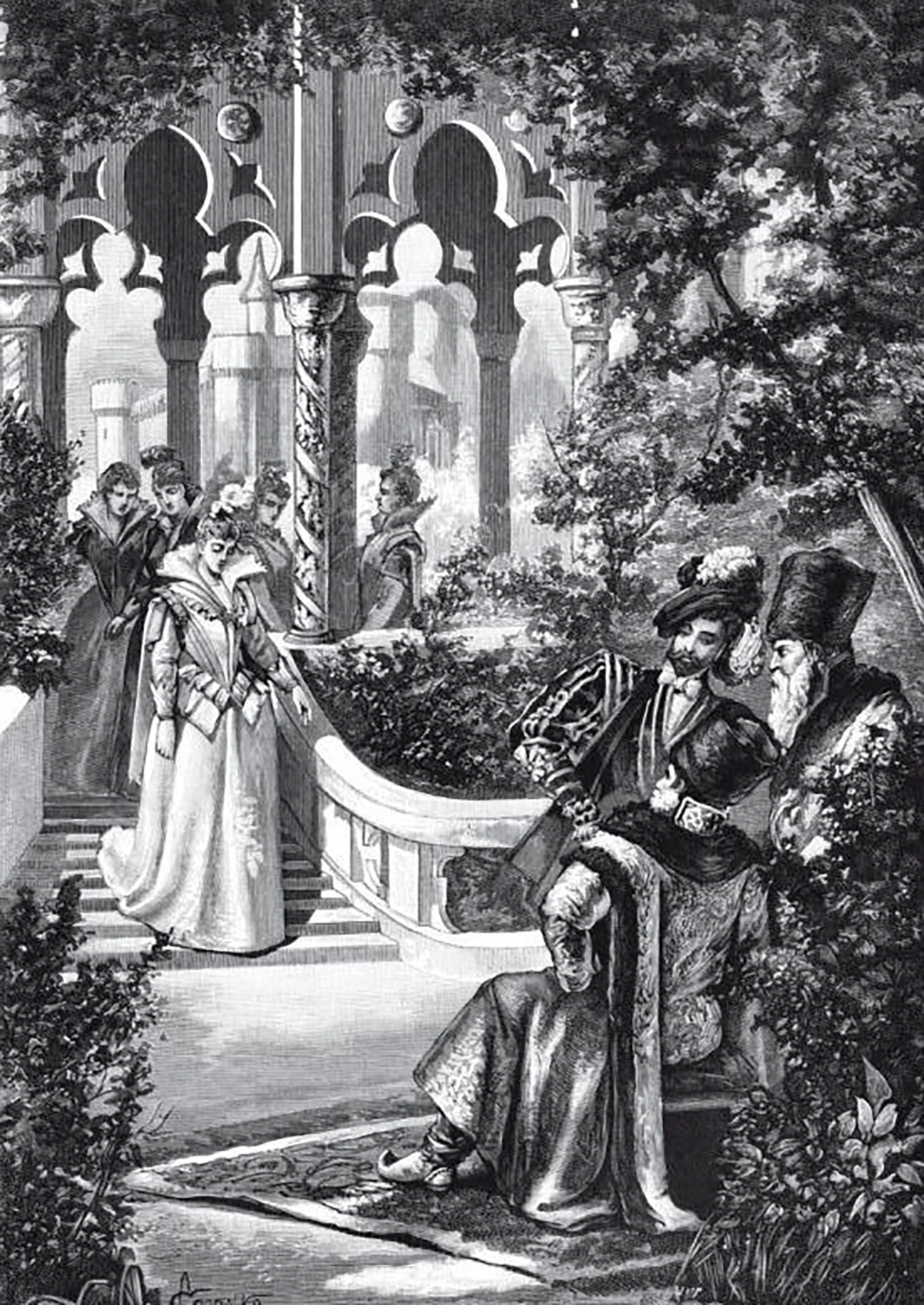 Viewing of the royal bride by the ambassador of Ivan the Terrible in England, an etching after a painting by Sergey Solomko, 19th century.