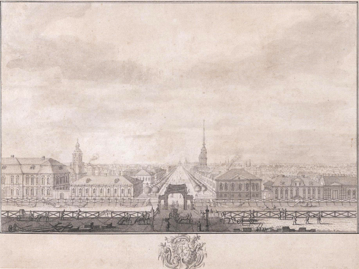  Михаил Махаев и неговата работилница. Гледка към Нева в вероятността на пътя от Адмиралтейската триумфална врата на изток. Хартия, туш, четка, перо. 20,5 x 27,8 (контур) 