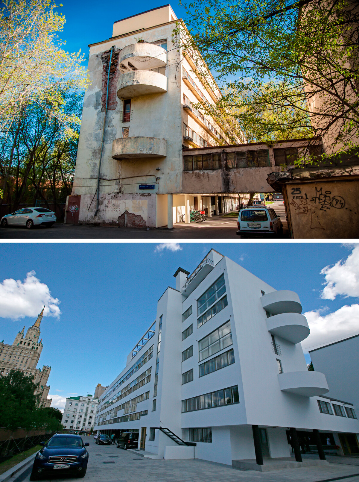 Das Narkomfin-Gebäude, vor und nach der Restaurierung.