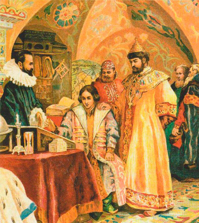 Boris Godunov watches his son Fedor study. A 19th-century picture.