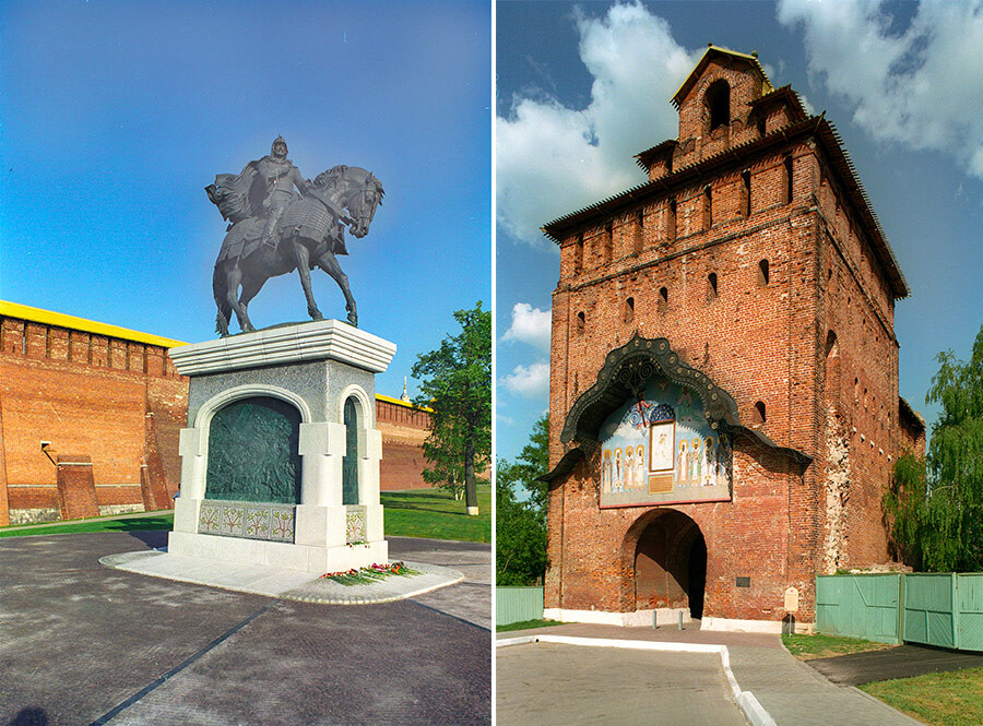 Left: Equestrian monument to Dmitry Donskoy. Background: Kolomna kremlin wall. 
Right: Kolomna kremlin. Spassky (Savior) Gate, also called Pyatnitsky Gate. Southwest view. May 23, 2007.