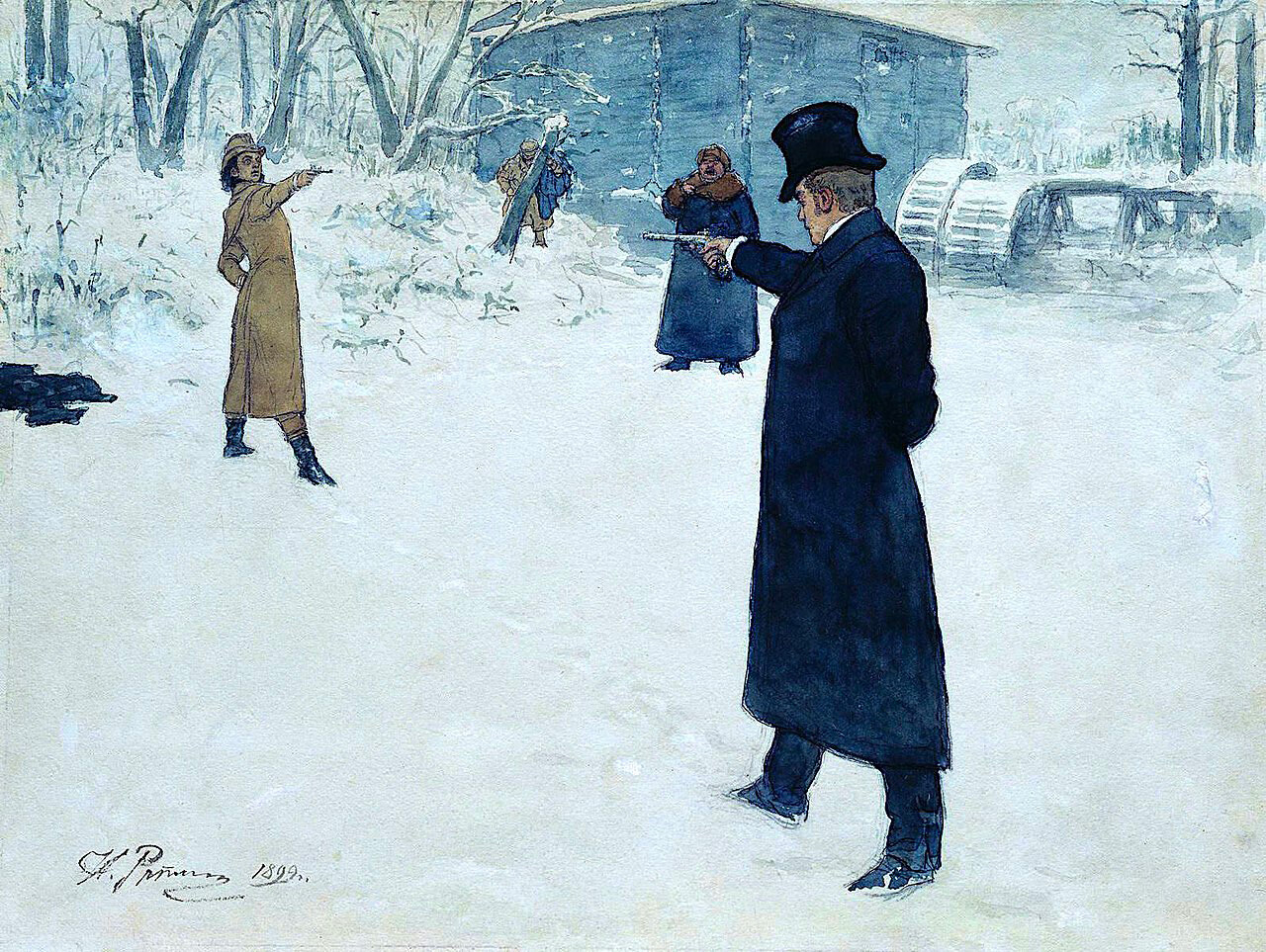 Eugene Onegin and Vladimir Lensky's duel. by Ilya Repin.