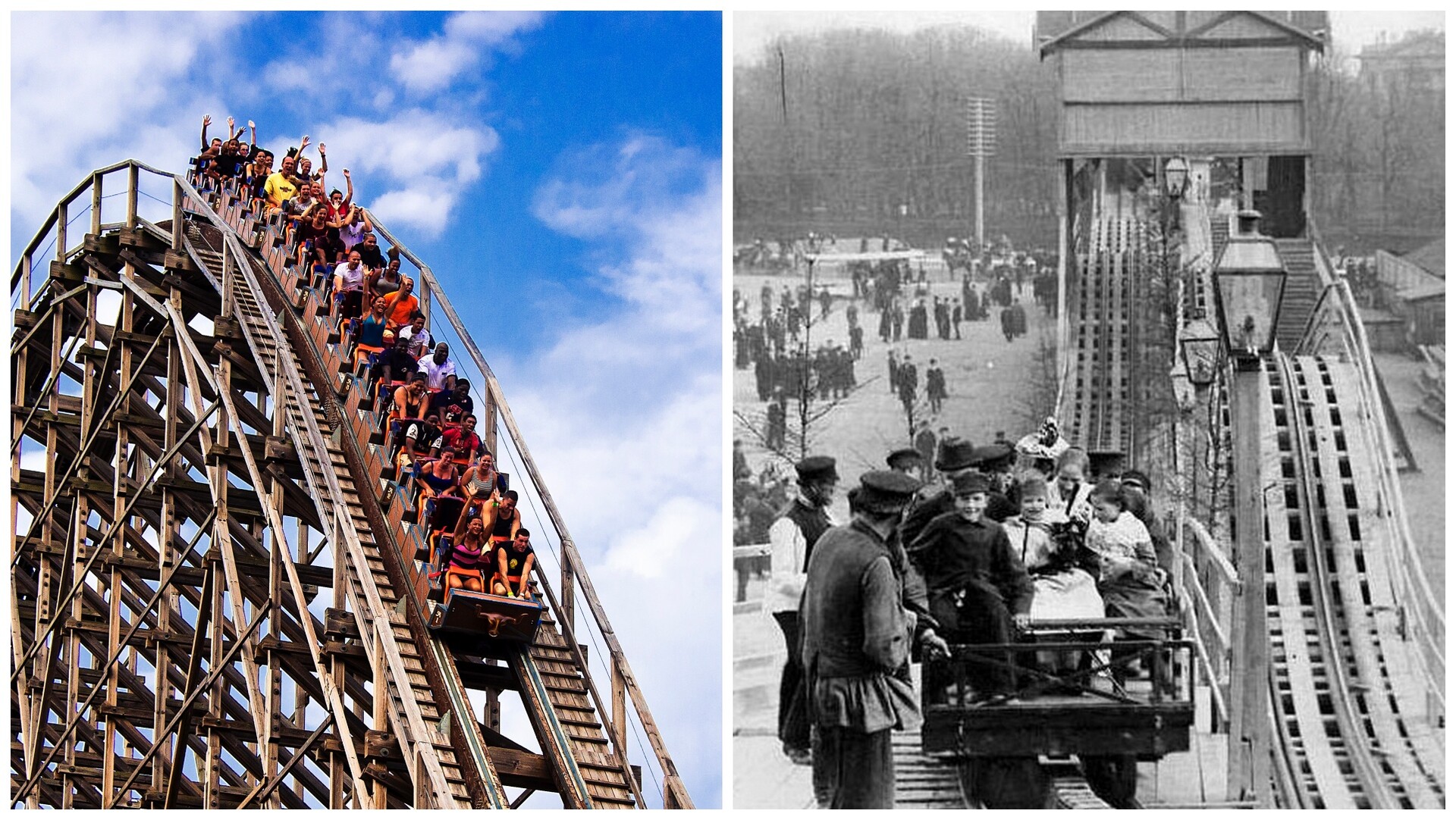 El Toro wooden roller coaster at Great Adventure Park in New Jersey, U.S. (L); “American” mountains in St. Petersburg, Russia, late 19th century