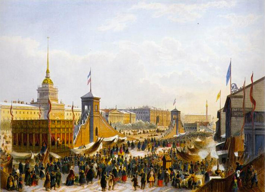Lapangan Admiralteyskaya Sankt Peterburg selama perayaan Maslenitsa, 1850