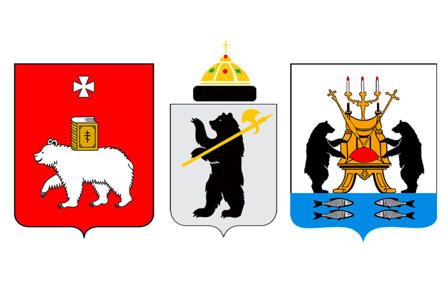 Left to right: the coats of arms of Perm, Yaroslavl, Veliky Novgorod.