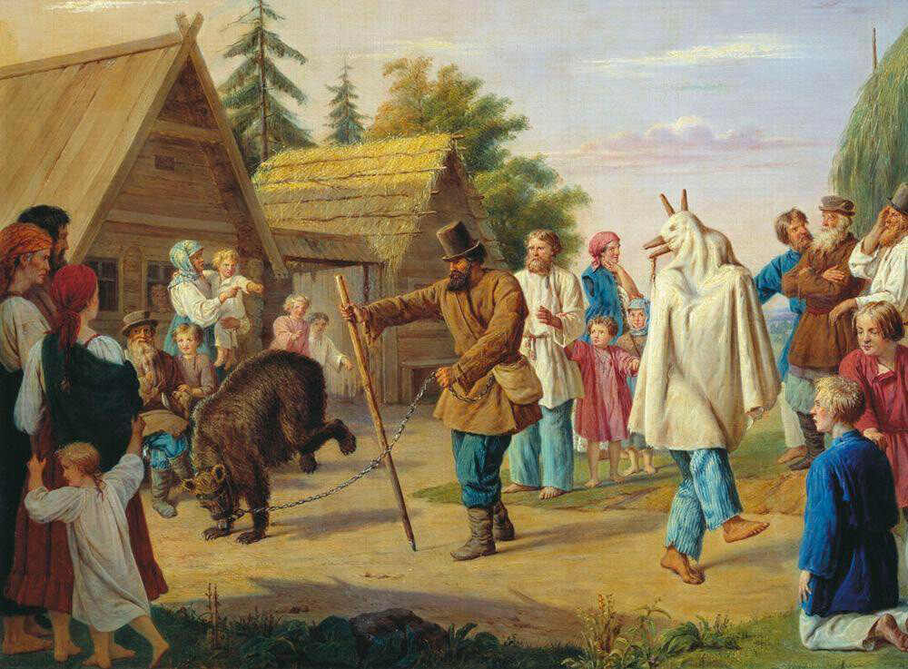 François Riss. “Skomorokhi (wandering minstrels) in a village”, 1857.