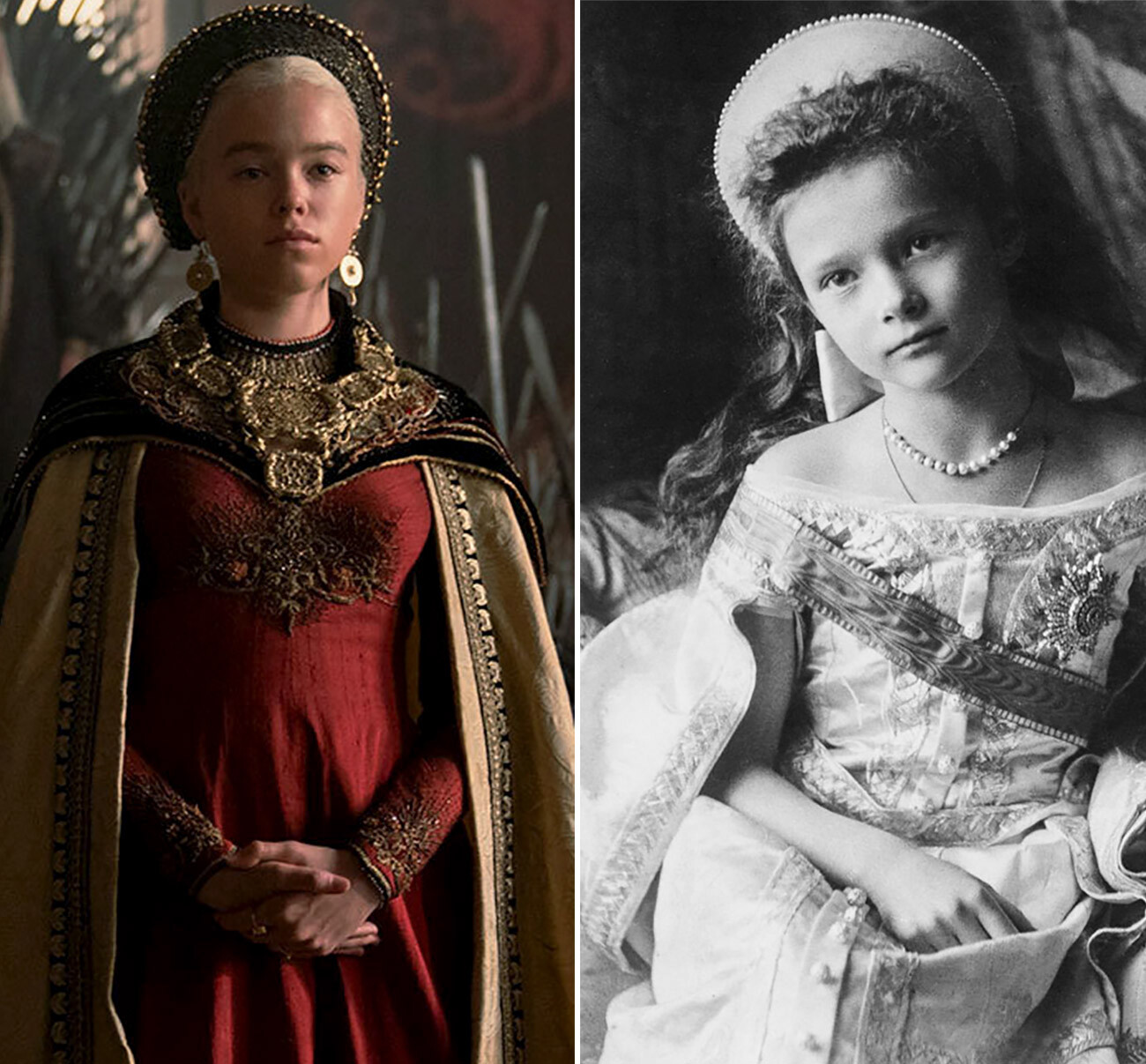 Rhaenyra Targaryen (kiri), Putri Tatiana (putri Nikolay II) mengenakan kokoshnik (kanan), sekitar tahun 1904