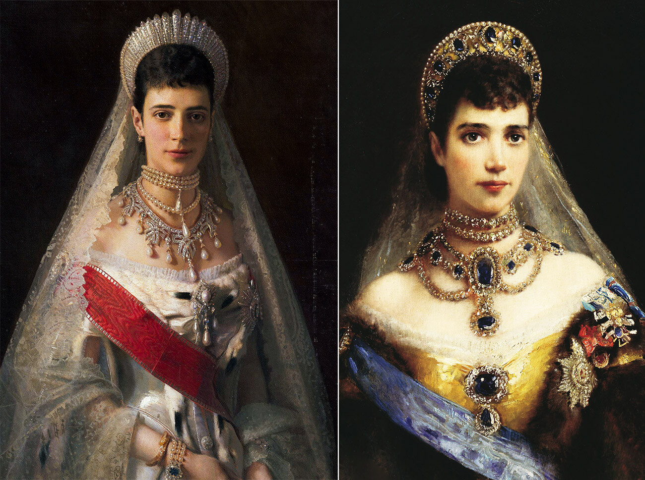 Permaisuri Maria Fyodorovna (Putri Dagmar dari Denmark) mengenakan gaun pesta, 1881, oleh Ivan Kramskoy (kiri); Permaisuri Maria Fyodorovna mengenakan kokoshnik, oleh Konstantin Makovsky