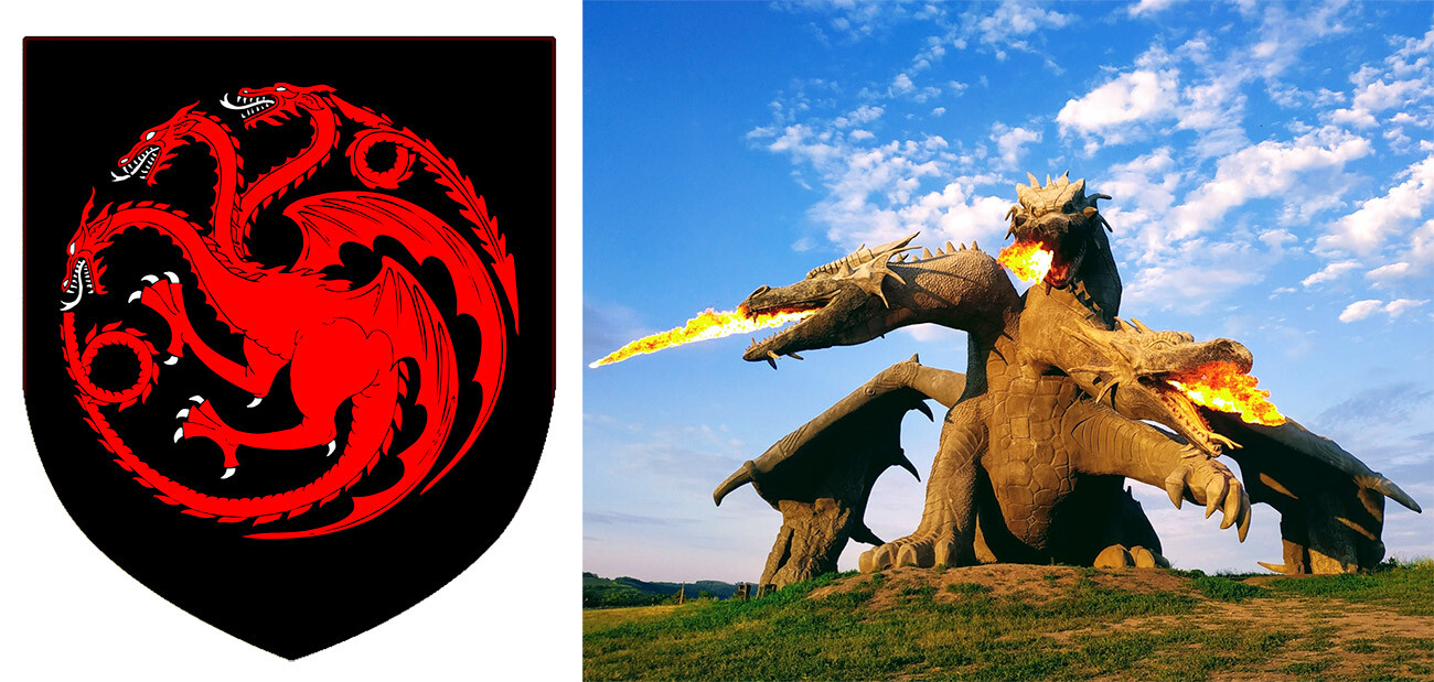 A sinistra, l'emblema della Casa di Targaryen / A destra, un monumento a Zmej Gorynych nel parco dei divertimenti di Kudykina Gora, nella regione di Lipetsk, in Russia