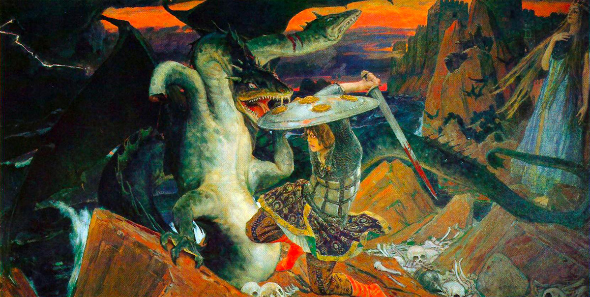 'Lucha de Iván Zarévich con una serpiente de tres cabezas', 1912 por Víktor Vasnetsov
