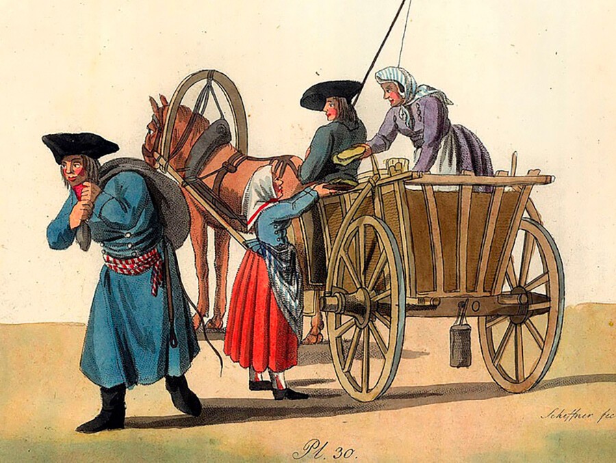 Nemški naseljenci na tržnici v Sankt Peterburgu. Gravura I.G. Scheffnerja po risbi H.G. Geislerja. 1801 