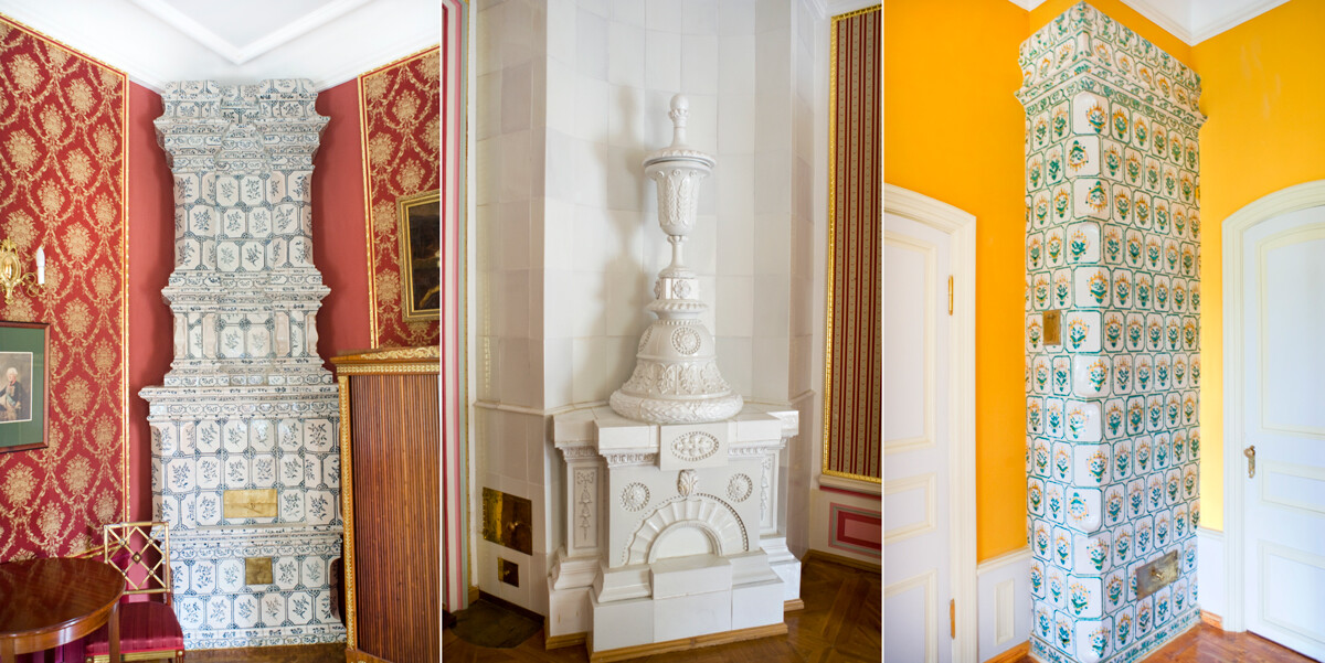 Manoir. À gauche : bureau, poêle en céramique à motifs floraux. Au centre : salle à manger avec poêle en céramique blanche de style néoclassique. À droite : boudoir, poêle en céramique au motif floral