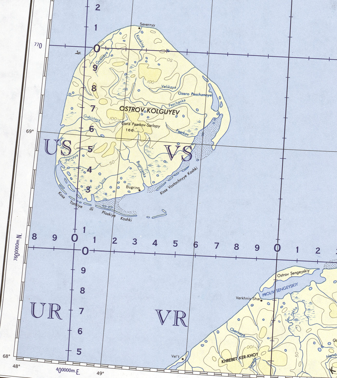 Mapa mostrando la isla de Kolgúyev