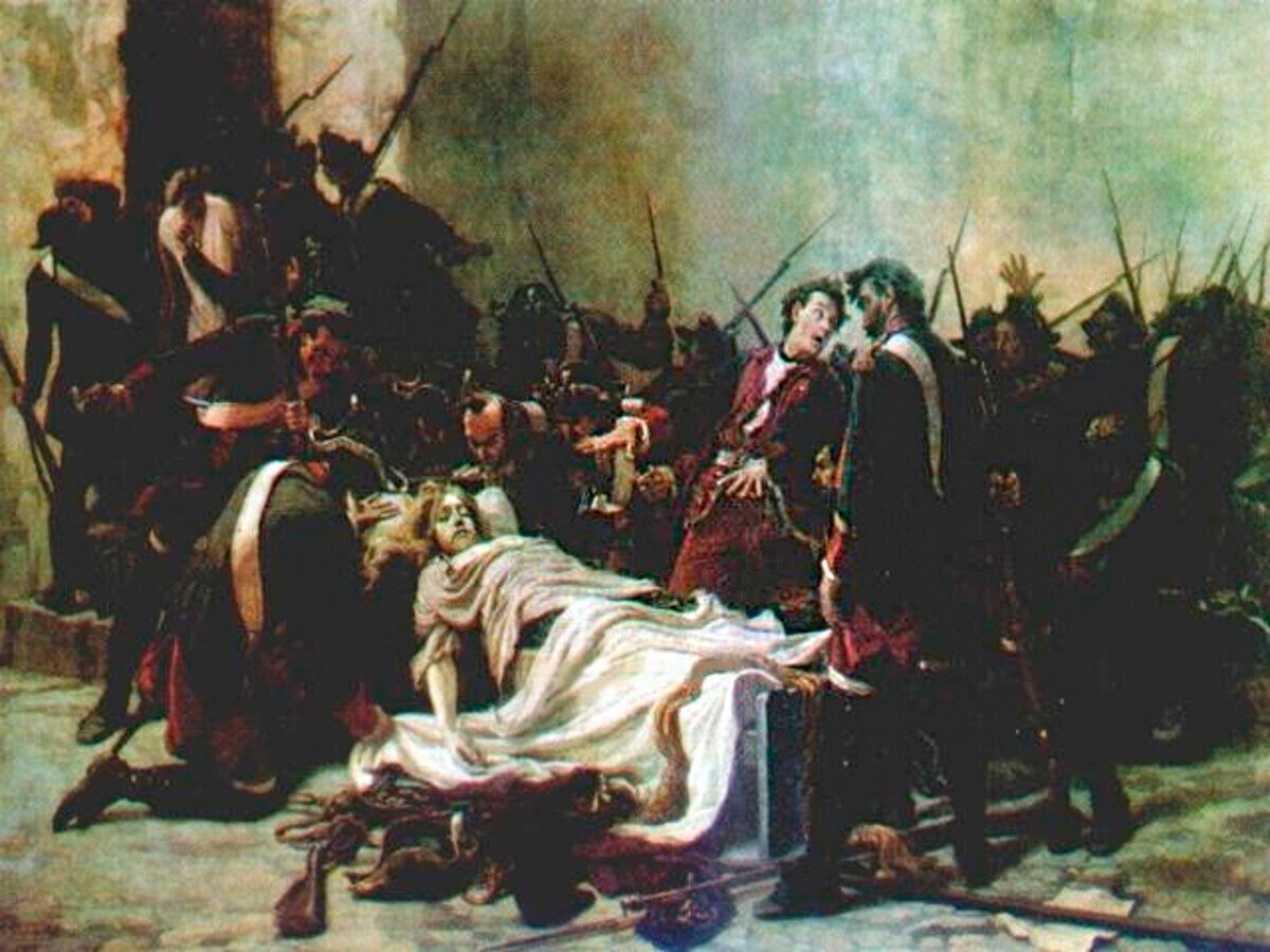 'Vasili Miróvich junto al cuerpo de Iván VI en la fortaleza de Schlusselburg'. Iván Tvorózhnikov, 1884