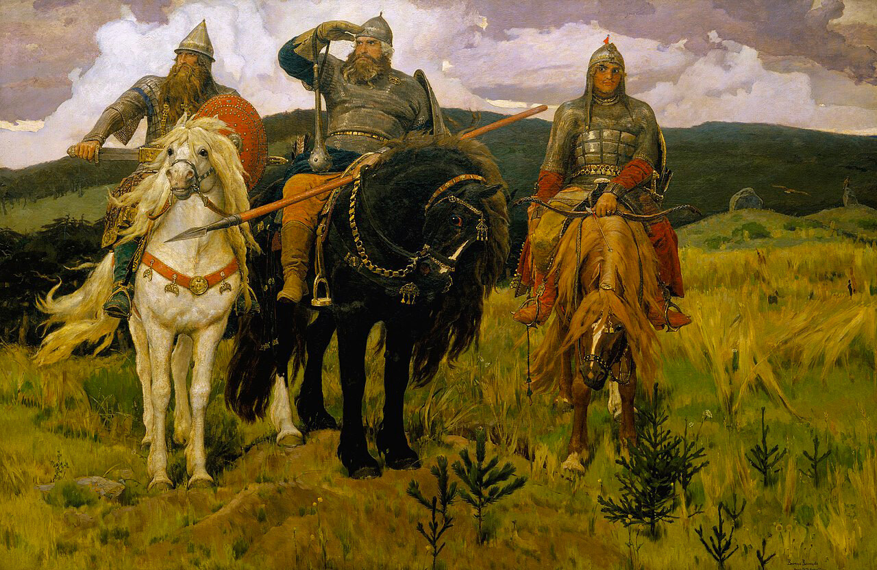 Il dipinto “I bogatyri” (1881-1898) di Viktor Vasnetsov (1848-1926), olio su tela (295,3×446 cm), Galleria Tretjakov