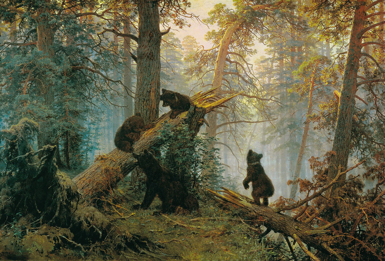 Il dipinto “Mattino in una foresta di pini” (1889) di Ivan Shishkin (1832-1898), con aggiunte (gli orsetti) di Konstantin Savitskij (1844-1905), olio su tela (139×213 cm)
