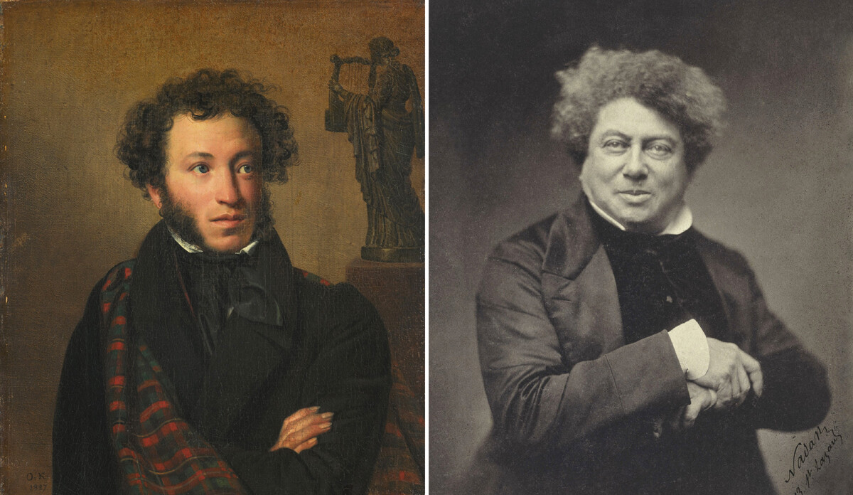 アレクサンドル・プーシキンの肖像画（左）アレクサンドル・デュマの写真（右）