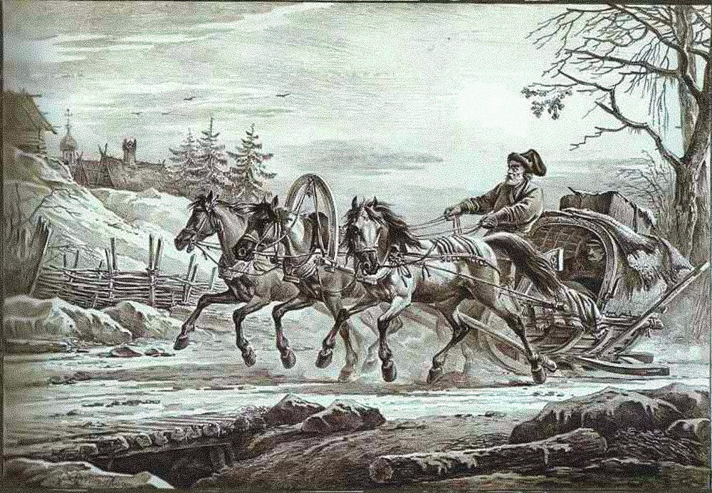 Alexander Orlovsky. Journey in a kibitka (carriage with tent). Litography, 19th century  