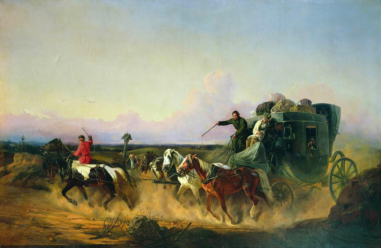 Nikolai Svertchkov. Um fazendeiro na estrada, 1855
