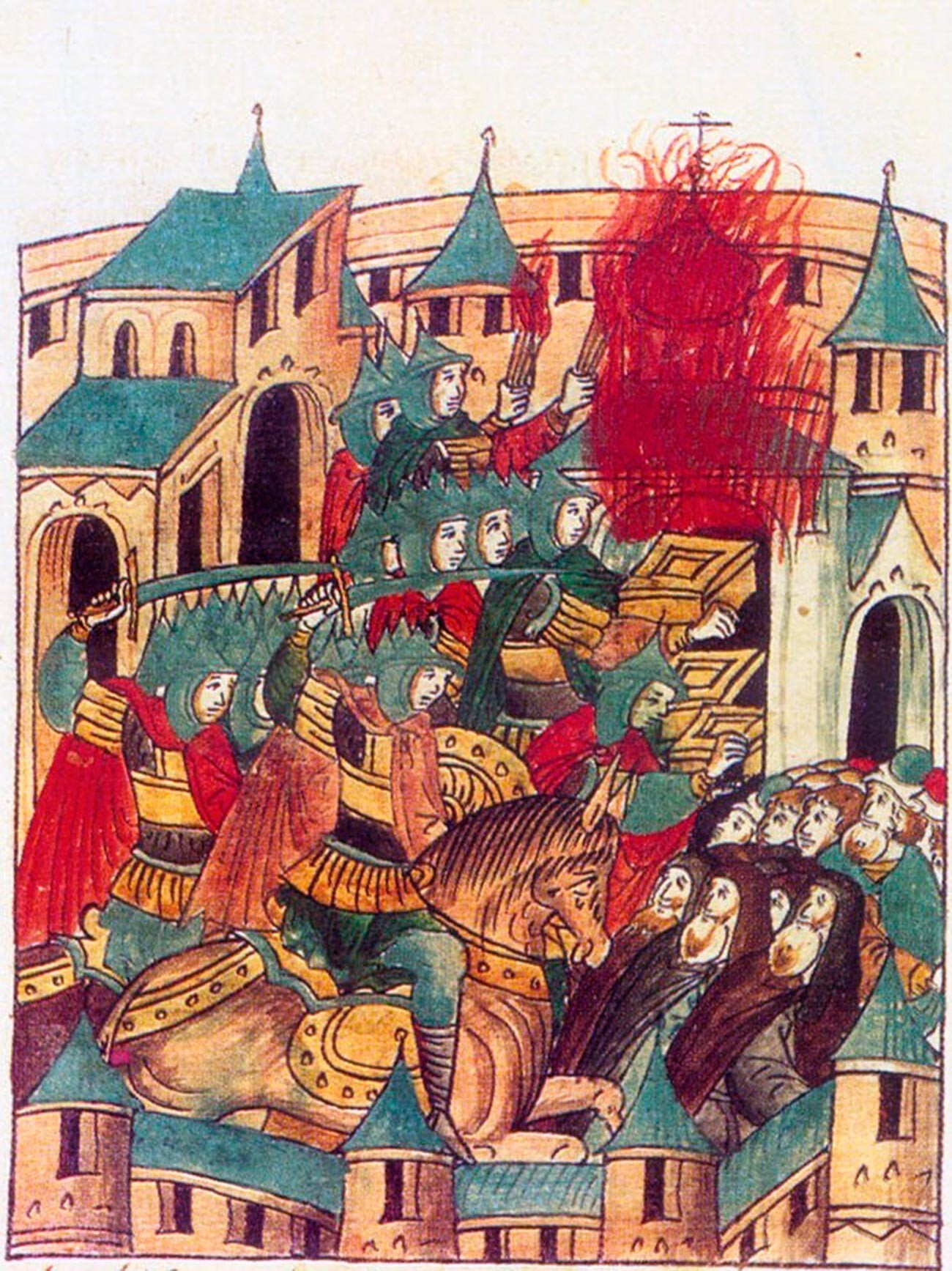 El saqueo de Suzdal por Batu Kan en febrero de 1238. Invasión mongola de Rusia. Una miniatura de la crónica del siglo XVI