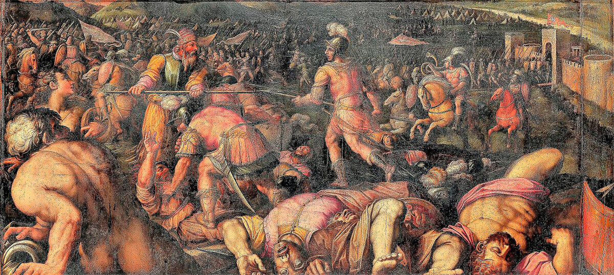 Poraz Radagaisusa pri Fiesole (23. avgust 406). Olje na lesu (1563-1565). Konec leta 405 in v prvi polovici leta 406 je vodil invazijo v rimsko Italijo. Skitski cesar Radagaisus je nameraval žrtvovati senatorje krščanskega rimskega cesarstva bogovom in požgati Rim do tal.