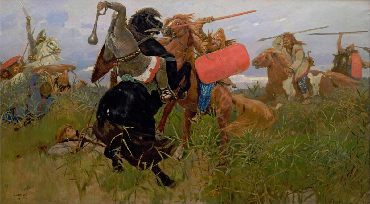 Boj Skitov s Slovani, 1881/ Viktor Vasnecov. Vasnecov nehote dopušča zgodovinsko netočnost. Namreč konec 19. stoletja še ni bilo znano, da so Skiti živeli več sto let prej in se niso mogli srečati s Slovani.