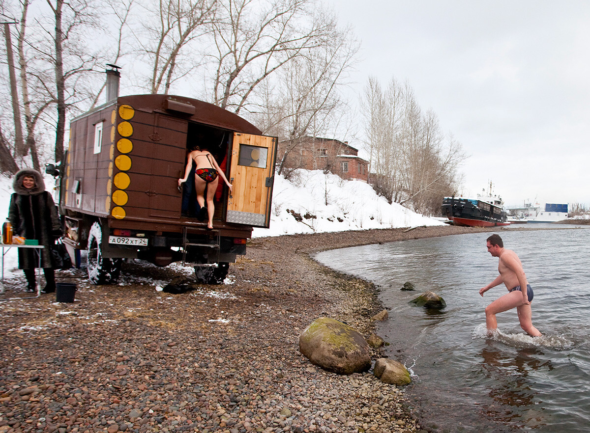 Mobile baths on the bank of the Yenisey River