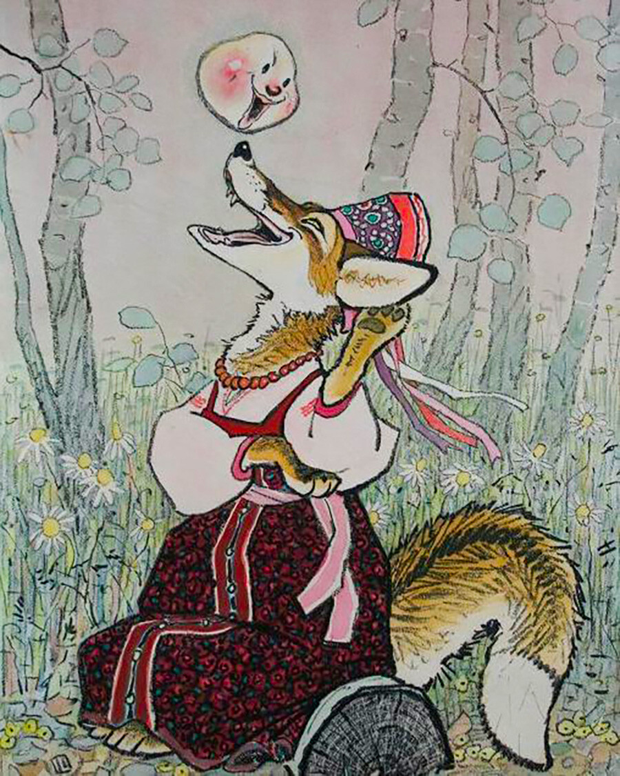 Illustration zum russischen Volksmärchen „Kolobok“ von Jewgenij Ratschew,  1964.