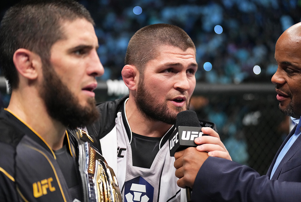 Khabib Nurmagomedov reacts after his teammate Islam Makhachev of Russia wins the UFC lightweight championship fight during the UFC 280 event at Etihad Arena on October 22, 2022 in Abu Dhabi, United Arab Emirates.